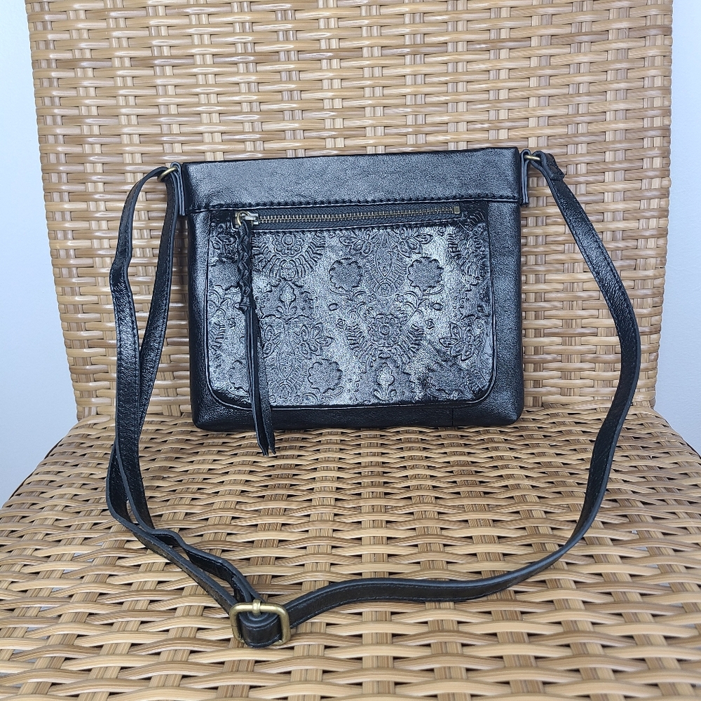 The Sak Sanibel Black Floral Embossed Leather Crossbody Bag Purse Small